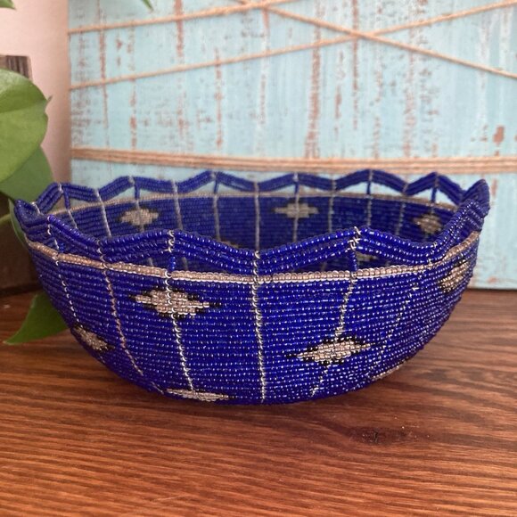 Vintage Fully Beaded Cobalt Blue Bowl BASKET Native American Indian - Picture 4 of 11